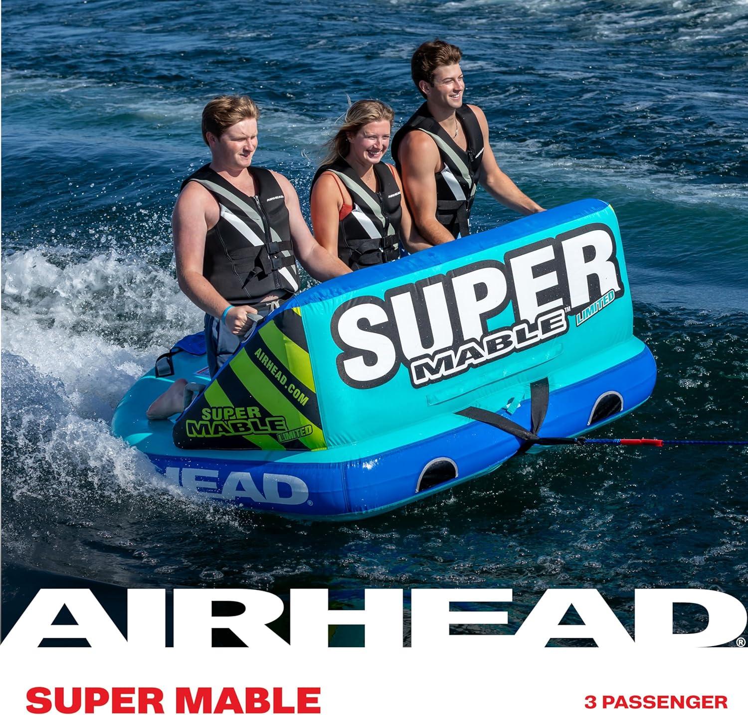 image:imageAirhead Mable Inflatable Towable Tube 14 Rider Models Dual Tow Points Full Nylon Cover EVA Foam Pads Patented Speed Valve Boat Tubes and Towables3 Rider Teal