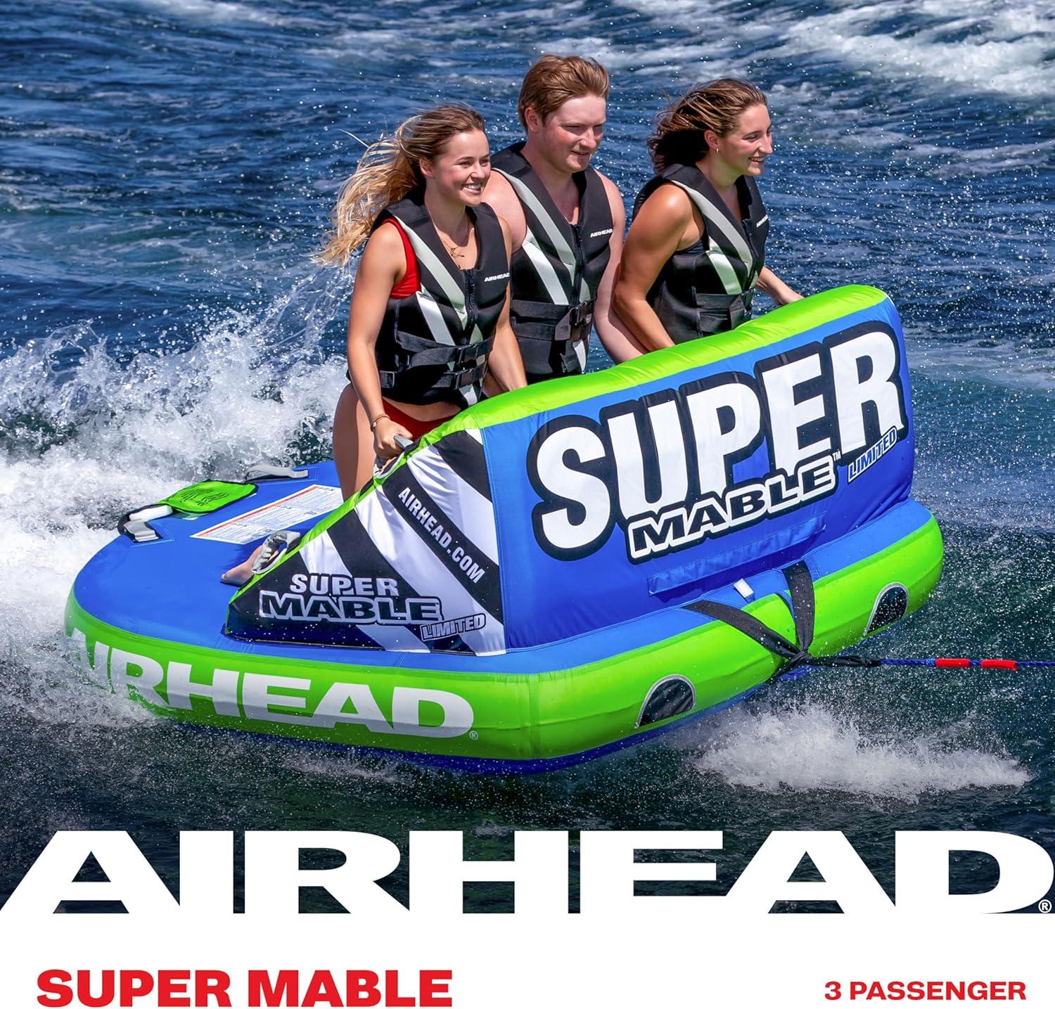 image:imageAirhead Mable Inflatable Towable Tube 14 Rider Models Dual Tow Points Full Nylon Cover EVA Foam Pads Patented Speed Valve Boat Tubes and Towables3 Rider Blue