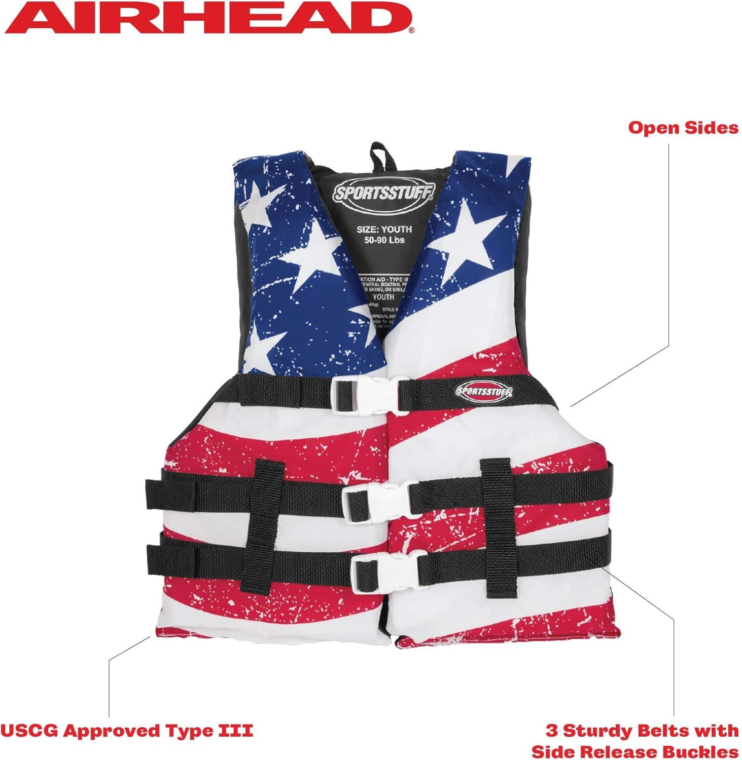 image:imageSportstuff Type III Life Jacket US Coast Guard Approved Open Sides with 3 Body Belts amp Buckles Quick Dry Fabric Secure Fit Comfortable Stars amp StripesJacket