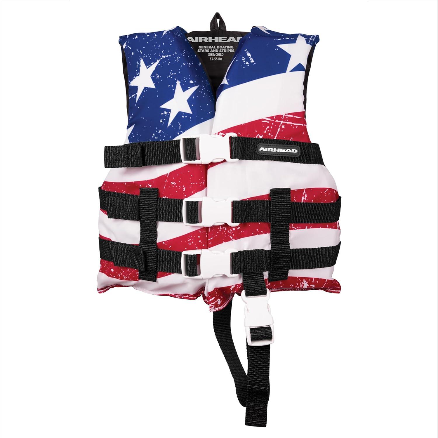 image:imageSportstuff Type III Life Jacket US Coast Guard Approved Open Sides with 3 Body Belts amp Buckles Quick Dry Fabric Secure Fit Comfortable Stars amp StripesJacket