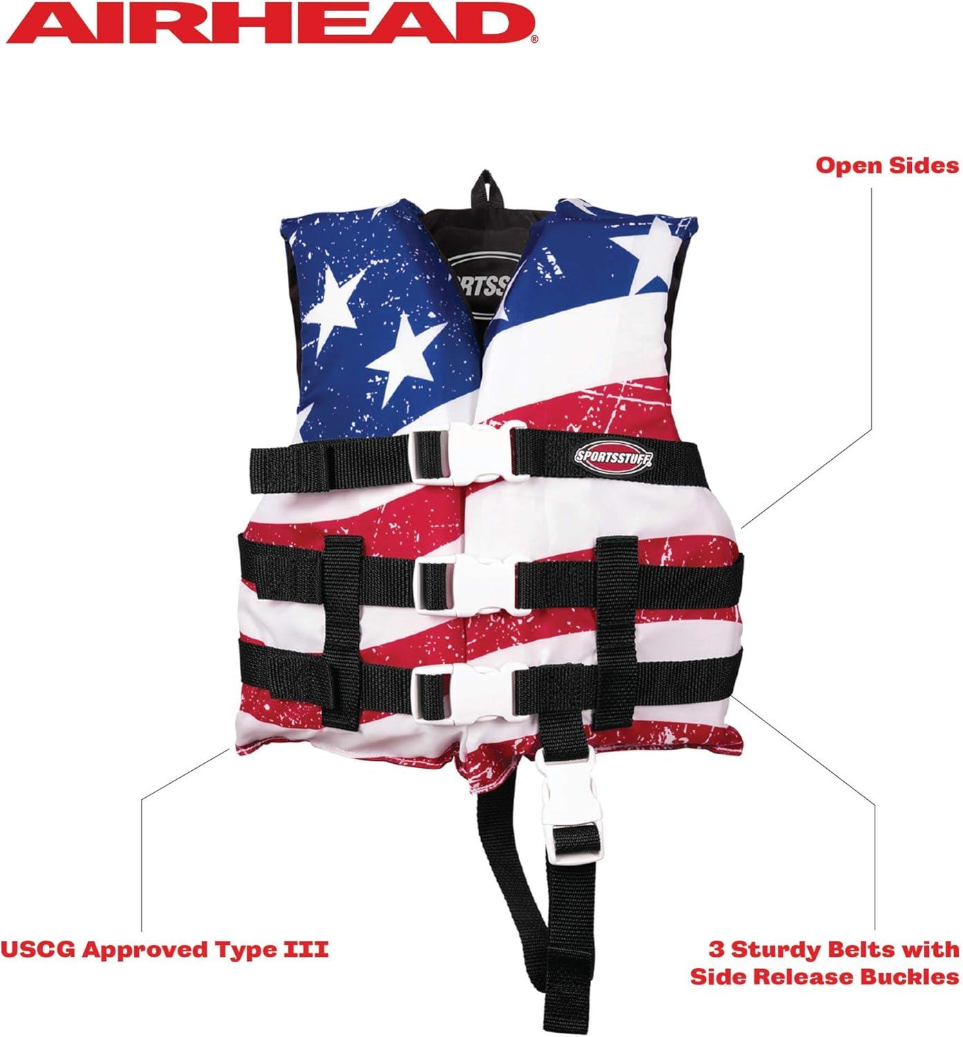 image:imageSportstuff Type III Life Jacket US Coast Guard Approved Open Sides with 3 Body Belts amp Buckles Quick Dry Fabric Secure Fit Comfortable Stars amp StripesJacket
