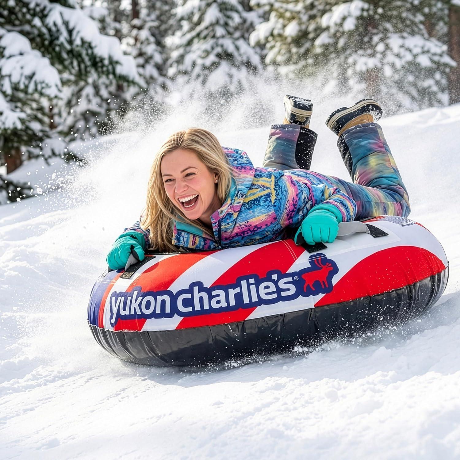 image:imageYukon Charlies Inflatable Snow Tube 46 HeavyDuty Snow Sled with Polyester Cover Slick PVC Bottom and Foam Handles Perfect for Kids Ages 7Stars Stripes