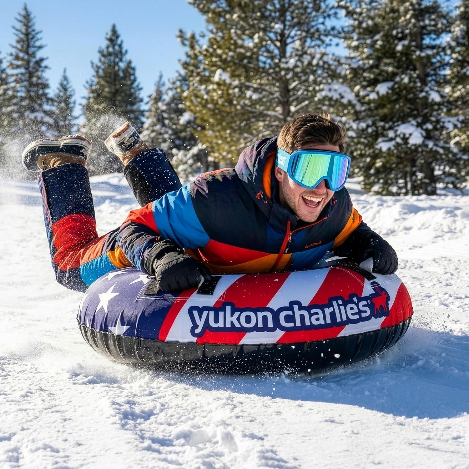 image:imageYukon Charlies Inflatable Snow Tube 46 HeavyDuty Snow Sled with Polyester Cover Slick PVC Bottom and Foam Handles Perfect for Kids Ages 7Stars Stripes