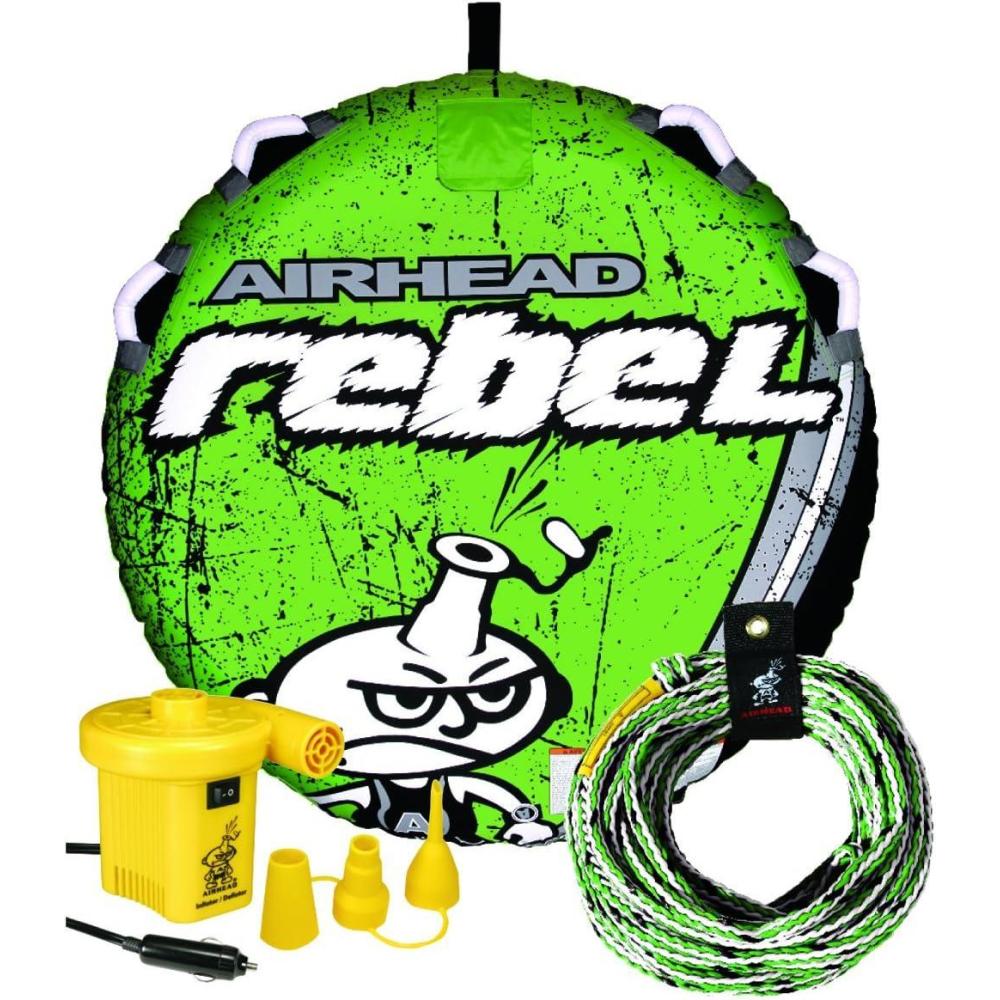 image:imageAirhead Rebel Towable Kit 1 Rider Tube with Rope and Pump KwikConnect Tow DoubleStitched Full Nylon Cover amp Speed Safety Valve for Easy Inflating amp DeflatingStriped