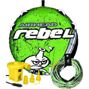 Airhead Rebel Towable Kit 1 Rider Tube with Rope and Pump, Kwik-Connect Tow, Double-Stitched Full Nylon Cover & Speed Safety Valve for Easy Inflating & Deflating(Striped)